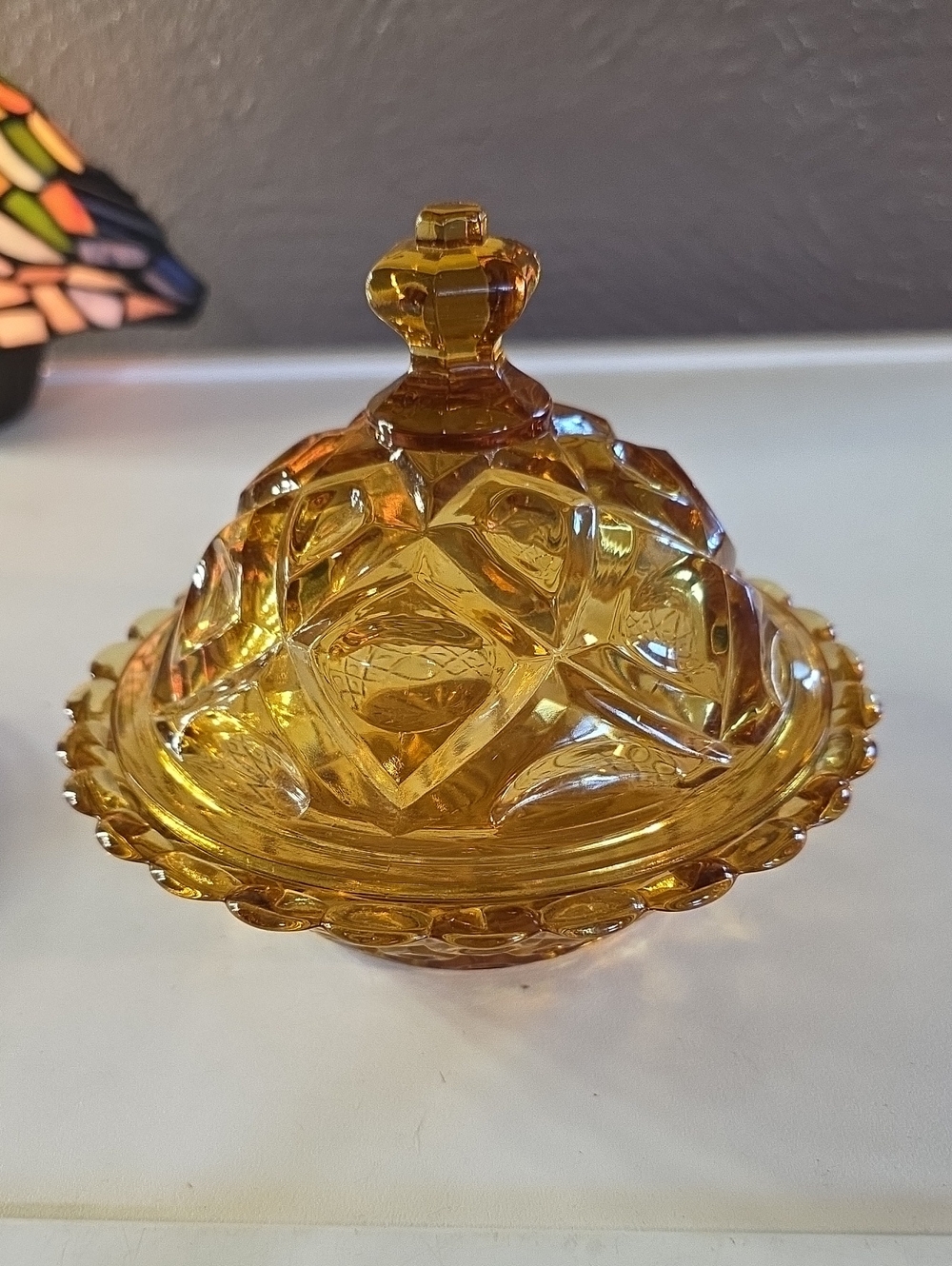 Vintage Viking Amber Glass Covered Butter Candy Dish Diamond Thumbprint